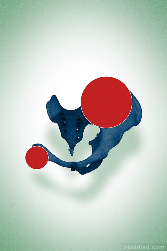 Floating blue pelvic bone collage with red circles, on green background. Surreal abstract art photo by Joseph Westrupp.
