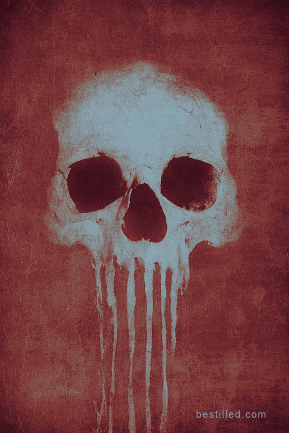 Blue skull with tentacle-like teeth against red background. Surreal art by Joseph Westrupp.