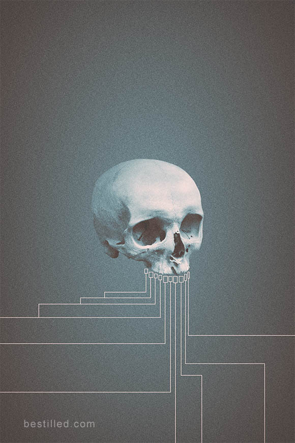 Blue skull with geometric lines extending from teeth, over bare blue background. Surreal art by Joseph Westrupp.