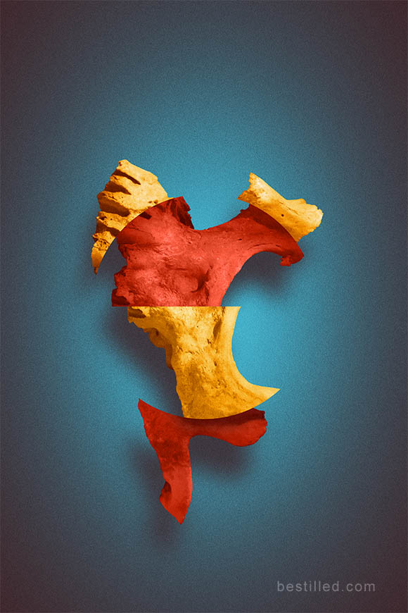 Red and yellow skull fragment collage over blue background. Surreal abstract art by Joseph Westrupp.