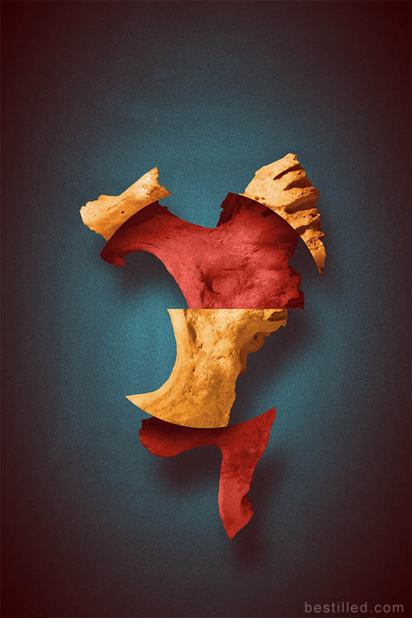 Geometric bone art in blue, yellow, and red. Abstract surrealism by Joseph Westrupp.