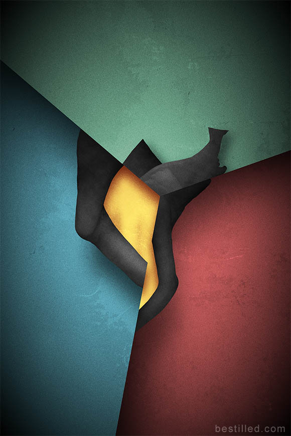 Geometric shell art in green, yellow, blue, black, and red. Abstract surrealism by Joseph Westrupp.
