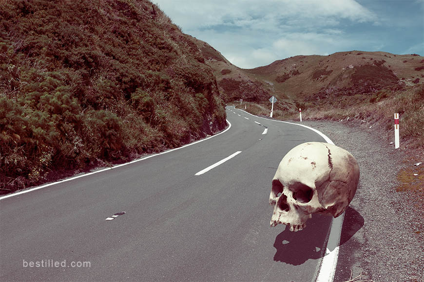 Giant skull floating over NZ road. Surreal art photograph by Joseph Westrupp.
