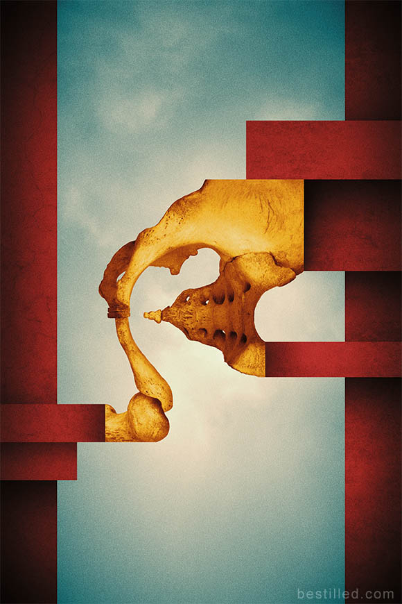 Sci-fi geometric bone art with sky, in yellow, red, and blue. Abstract surrealism by Joseph Westrupp.