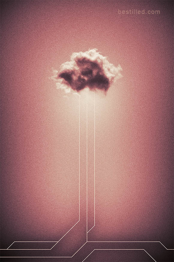 Pink and red cloud with geometric lines. Surreal abstract artwork by Joseph Westrupp.