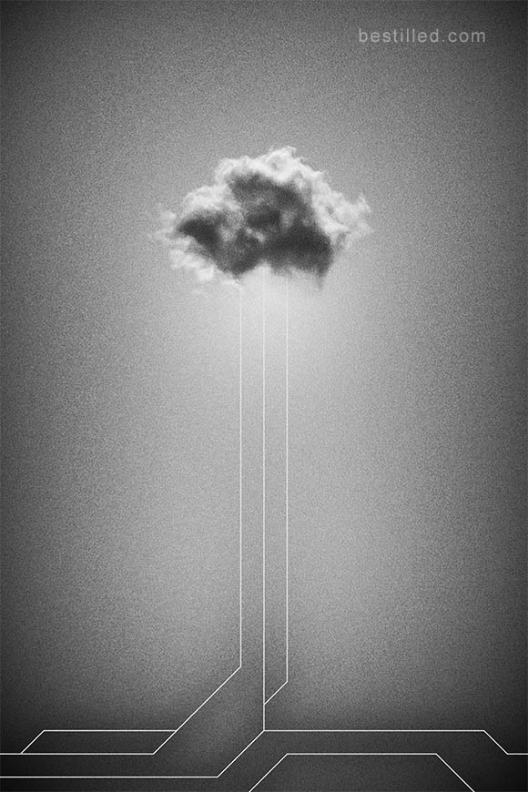Cloud with geometric lines. Surreal abstract art in black and white by Joseph Westrupp.