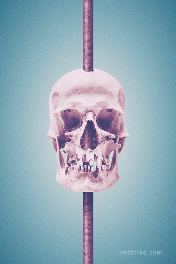 Pink skull impaled on a pole, surreal artwork by Joseph Westrupp.