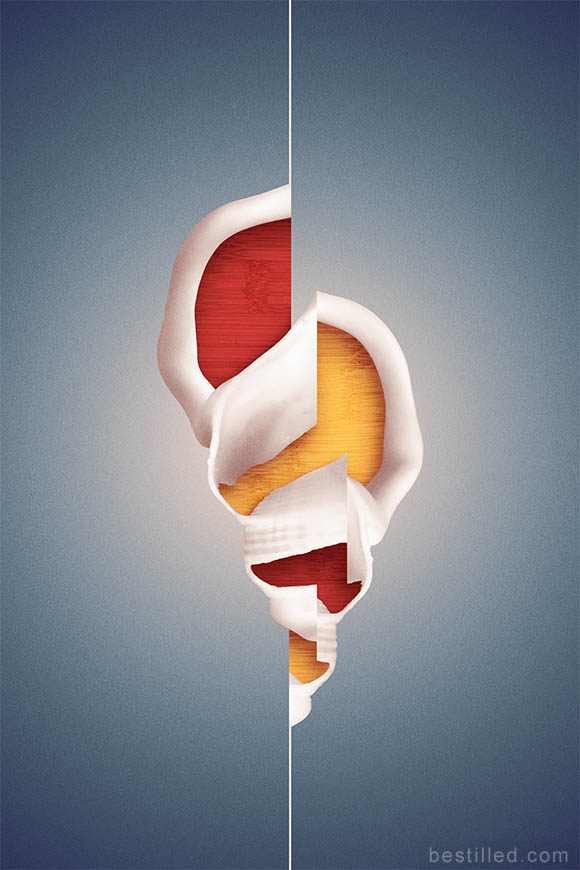 Geometric shell art in blue, red, yellow, and white. Abstract surrealism by Joseph Westrupp.