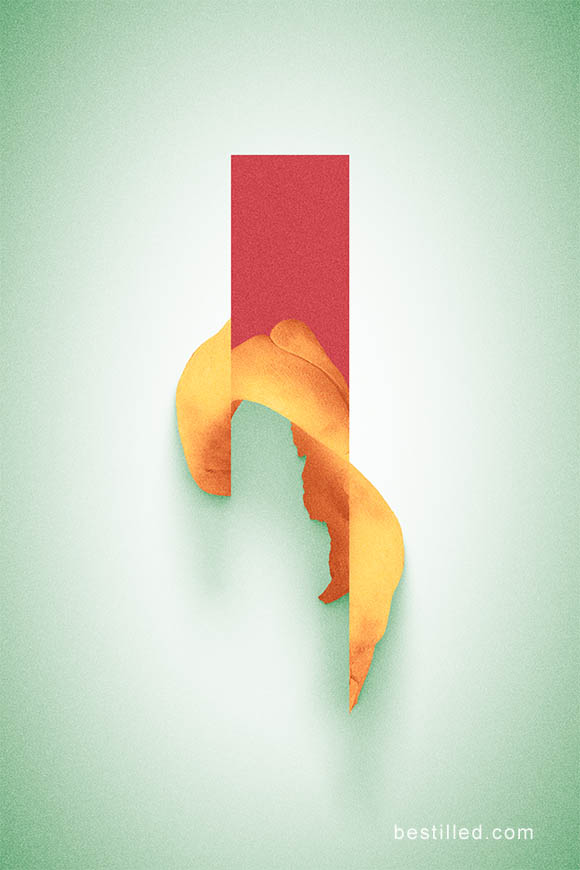 Yellow elephant bone collage on red rectangle, against pastel green background. Surreal abstract art by Joseph Westrupp.