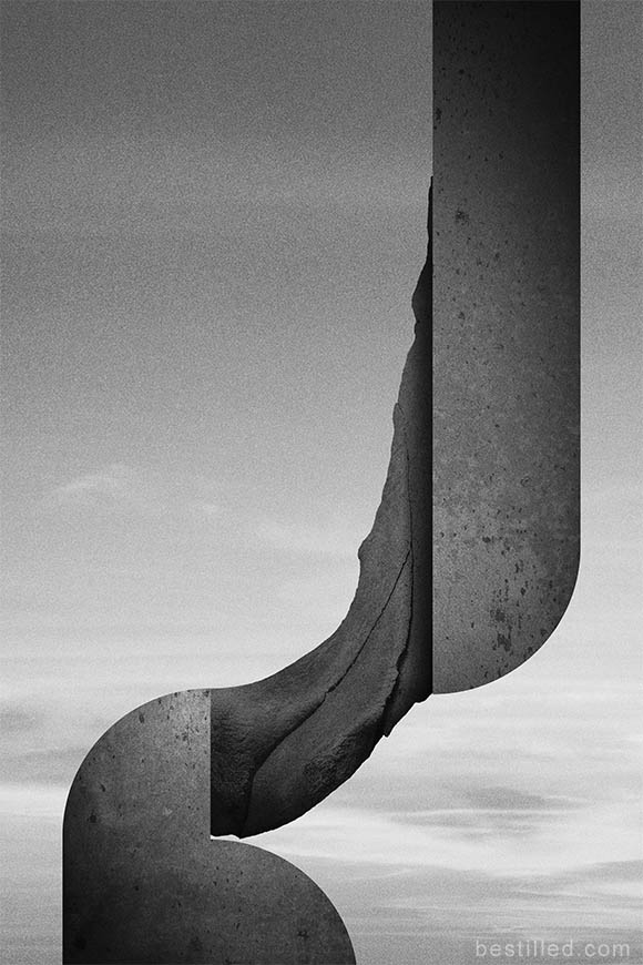 Sci-fi geometric bone art with sunset background, in black and white. Abstract surrealism by Joseph Westrupp.