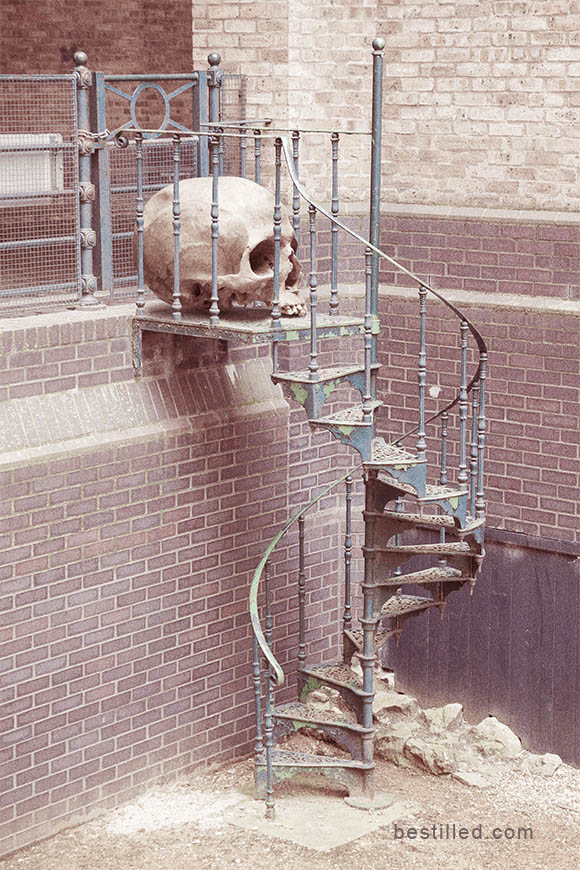 Giant skull sitting on top of spiral staircase in London. Surreal art by Joseph Westrupp.