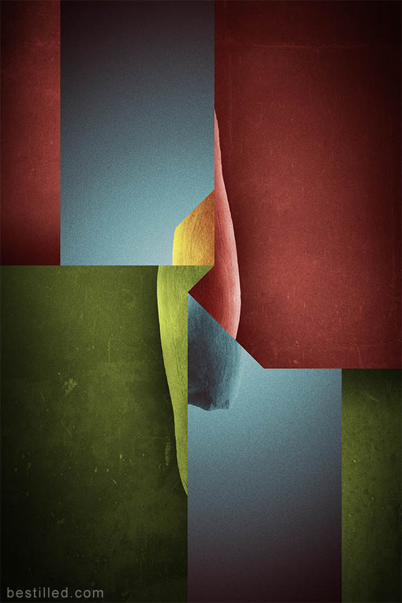 Sci-fi bone art in blue, yellow, green, and red. Abstract surrealism by Joseph Westrupp.